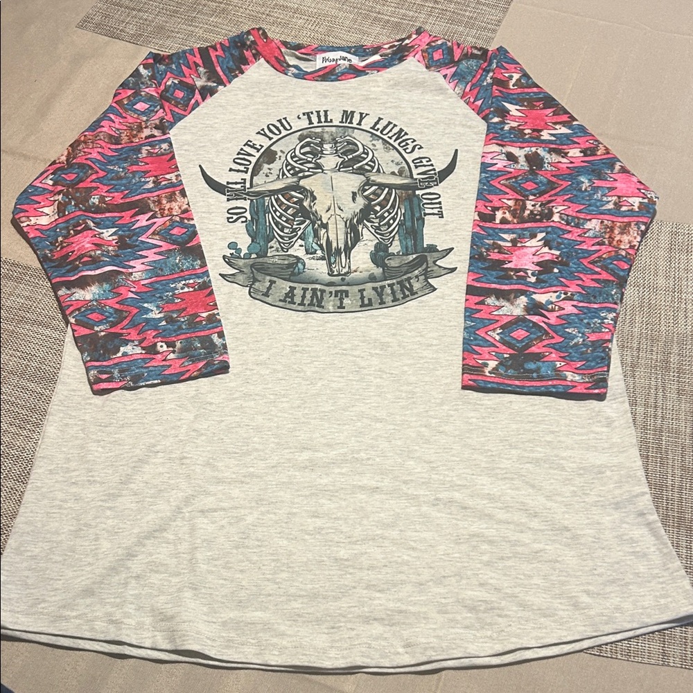 Heather Gray Quarter Sleeve Top with Multicolor Sleeves
